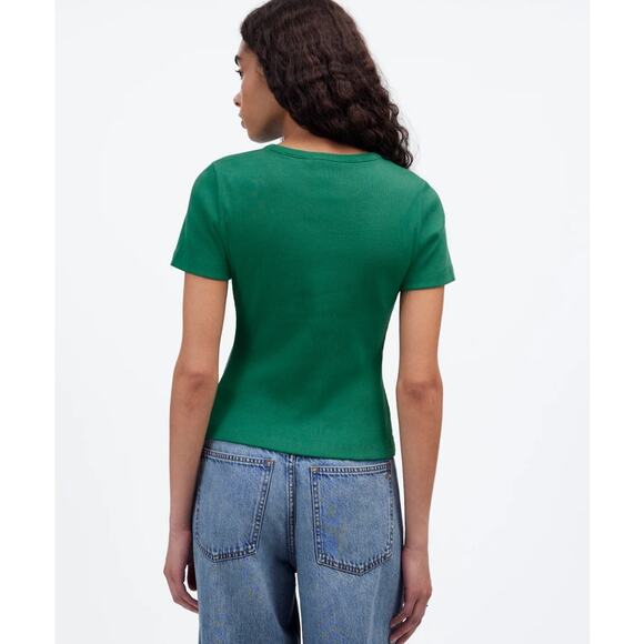 Madewell Garment-Dyed Ribbed Crewneck Pocket Tee WMNS S Verdant Green Slim fit - Picture 2 of 8